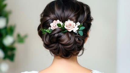 Elegant hairstyle featuring soft waves adorned with delicate flowers, perfect for special occasions and celebrations.