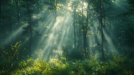 Dense forest with sunbeams filtering through the trees