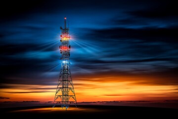 Vivid sunset landscape highlighting a communication tower illuminated against a dramatic sky
