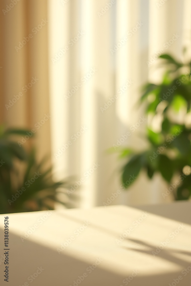 Poster nimalist tabletop setting features a blurred curtain background and abstract greenery highlighted by warm sunlight for a visually striking image._00002_