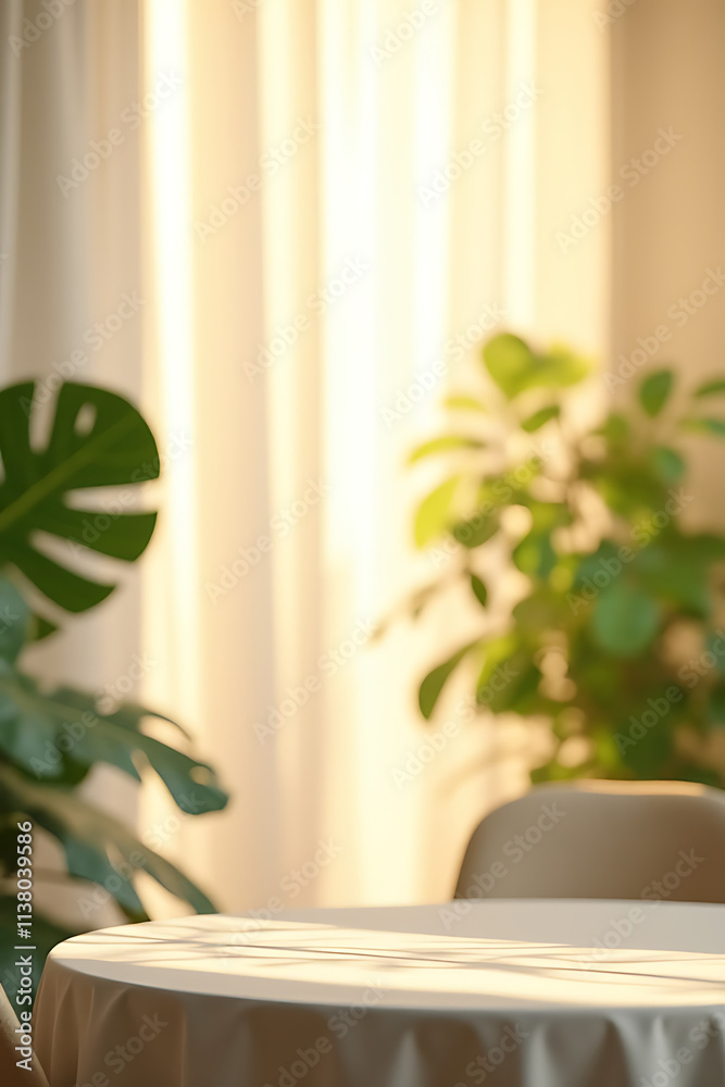 Poster nimalist tabletop setting features a blurred curtain background and abstract greenery highlighted by warm sunlight for a visually striking image._00001_