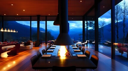 Contemporary mountain house New Year party with floor-to-ceiling glass windows, a roaring fire and elegant decor for a joyful evening