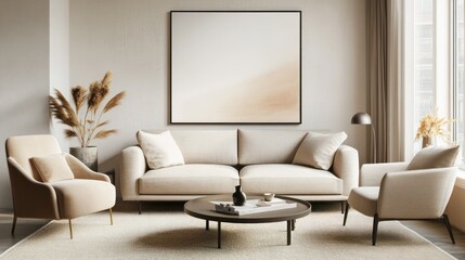 Modern Beige Living Room Interior Design with Neutral Tones and Natural Elements