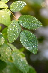 Drops of transparent rain water on a green leaf macro. Vertical photo.