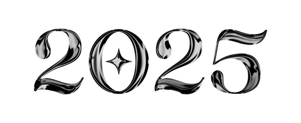 2025 3D typography with glossy, silver metallic and chrome material effects.