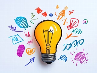 Fototapeta premium A bright yellow light bulb surrounded by colorful doodles representing creativity and ideas.