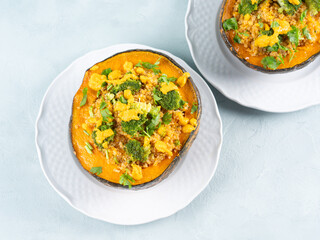 Stuffed kabocha squash with quinoa, broccoli and chickpea pumpkin hummus