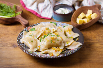 Dumplings with minced meat filling. Varenyky, vareniki, pierogi, pyrohy - dumplings with filling