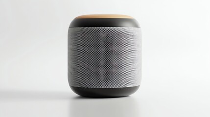 A grey and black cylindrical speaker with a wooden top.