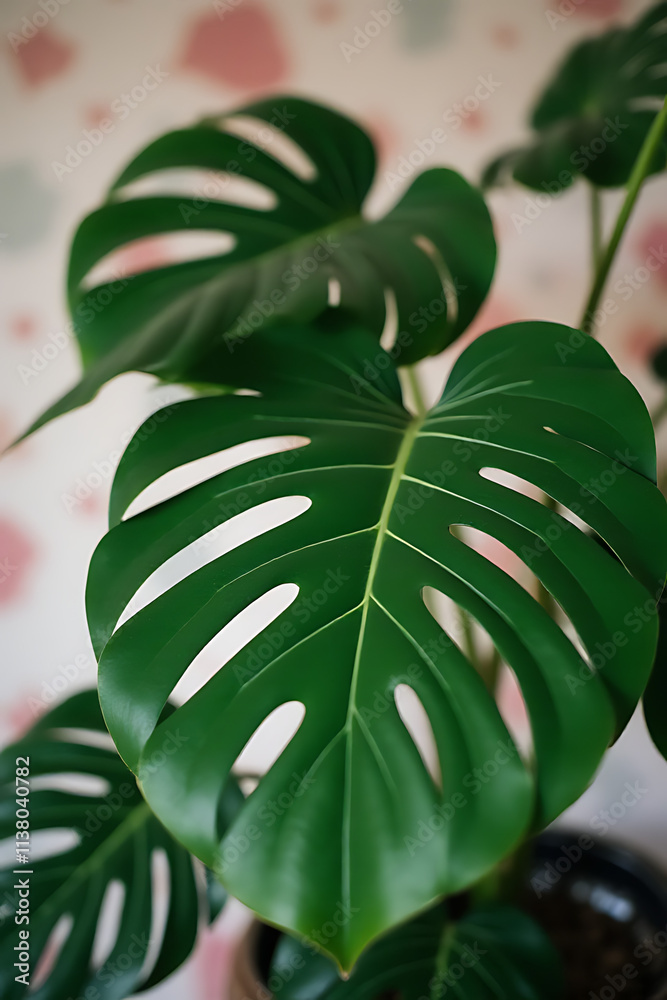 Poster monstera leaves in selective focus add a pop of color to a decorative interior design background wit