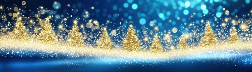 A sparkling scene of golden Christmas trees shining against a blue backdrop with glowing bokeh lights.