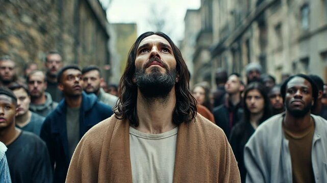 Jesus Christ in modern world walking on city street, people different races and age following him walking on the road