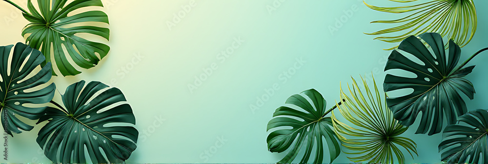 Poster monstera leaves are selectively focused in a colorful decorative design to create a visually appeali