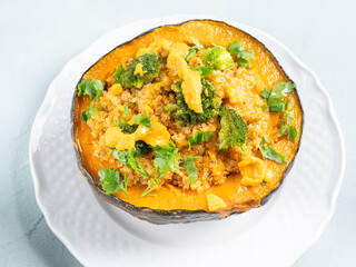Stuffed kabocha squash with quinoa, broccoli and chickpea pumpkin hummus