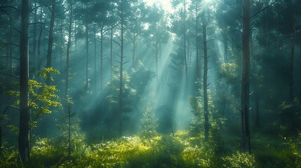 Obraz premium Dense forest with sunbeams filtering through the trees