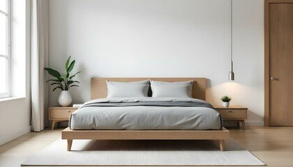 A minimalist bedroom with a low wooden platform bed, gray bedding, and wooden nightstands on either side. The room has a clean modern aesthetic with a neutral color palette