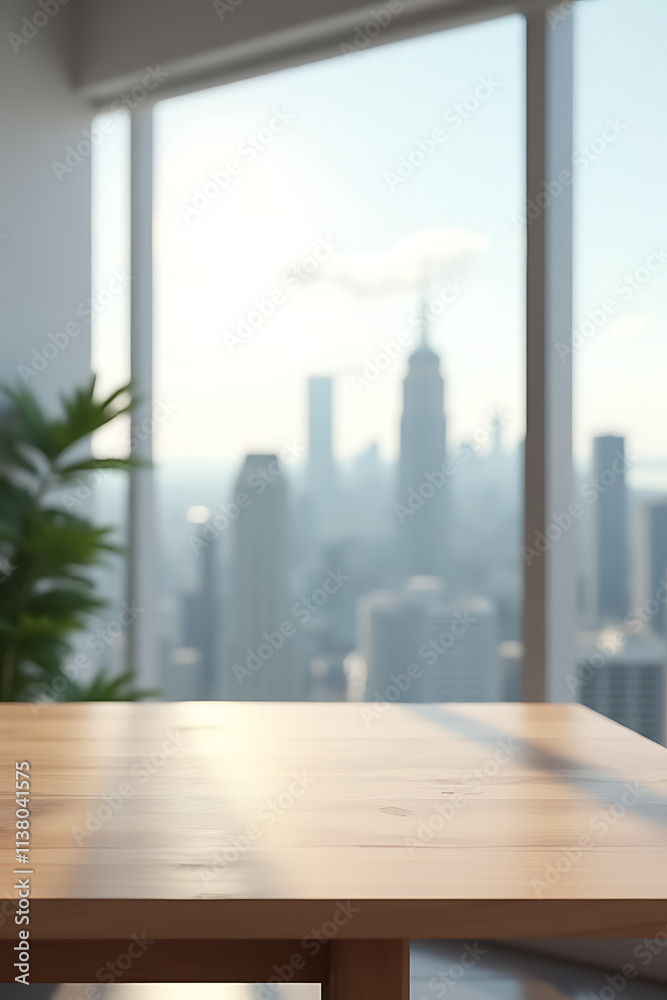 Poster minimalist office interior features a wooden table in front of a blurred cityscape, ideal for produc