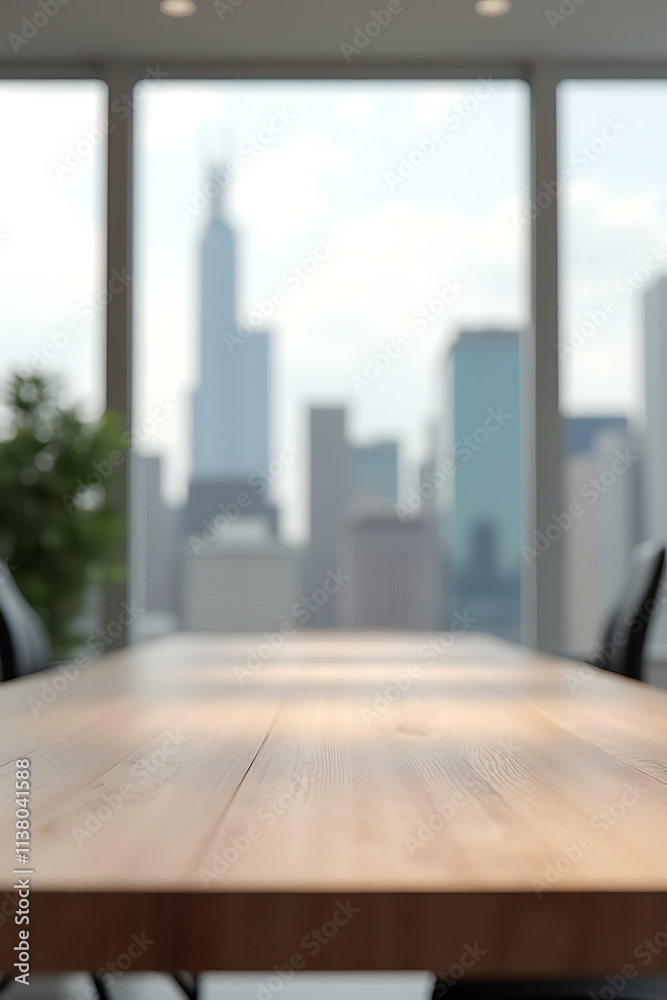 Poster minimalist office interior features a wooden table in front of a blurred cityscape, ideal for produc