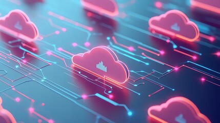 A 3D rendering of multiple cloud icons with glowing lines and dots.