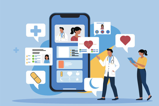 Modern healthcare apps with doctors, medical icons, Telemedicine, healthcare, and Medical technology. Concept for Telehealth, health tech ads, digital health blogs, and medical presentations