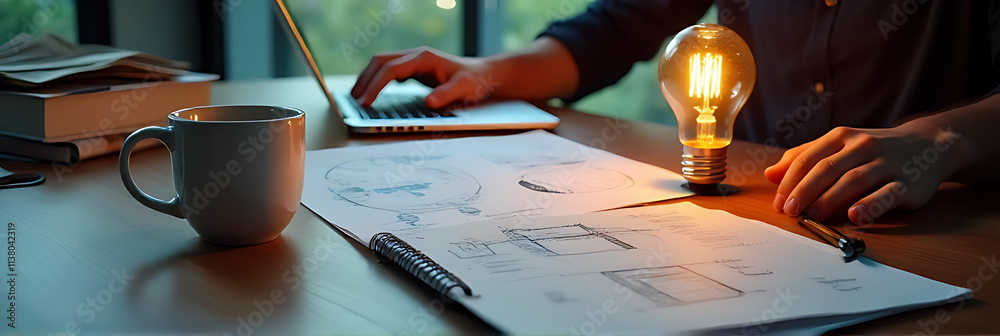 Poster man working on business ideas with a coffee cup and laptop, surrounded by inspirational notes and a 