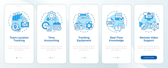 Real-time tracking and monitoring blue onboarding mobile app screen. Walkthrough 5 steps editable instructions with linear concepts. UI, UX, GUI template. Montserrat SemiBold, Regular fonts used