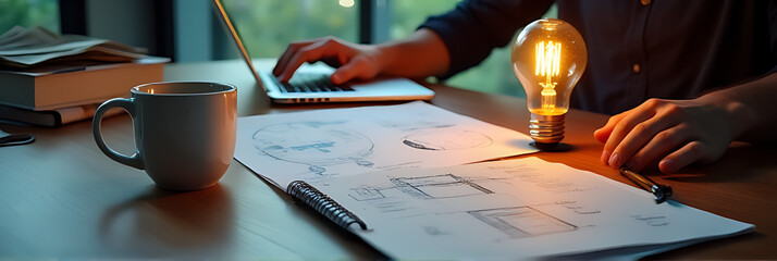 Man working on business ideas with a coffee cup and laptop, surrounded by inspirational notes and a lit lightbulb flat lay._00003_