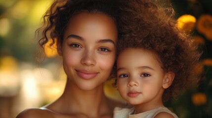 Fototapeta premium Mother and child sharing a warm moment in a flower-filled garden during golden hour light