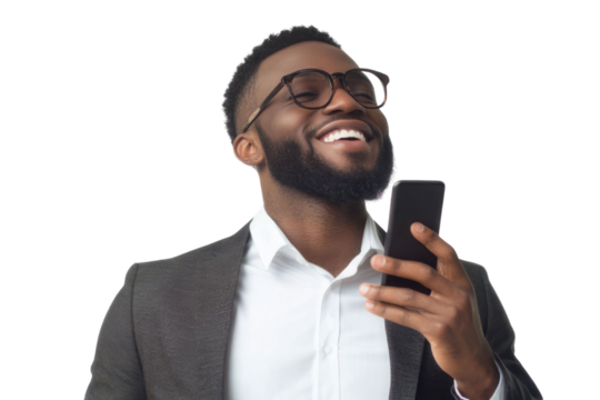 Portrait of pleased handsome man using mobile phone isolated over PNG