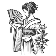 Obraz premium graceful geisha in traditional attire, adorned with flowers and hairpins, holding a decorative fansketch engraving generative ai raster illustration. Scratch board imitation. Black and white image.