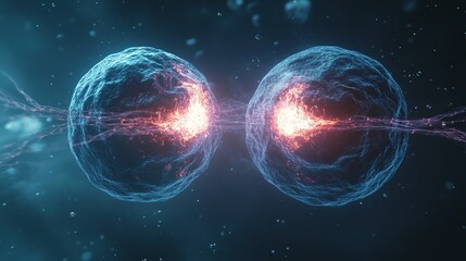Fototapeta premium Two glowing cells dividing, connected by energy.