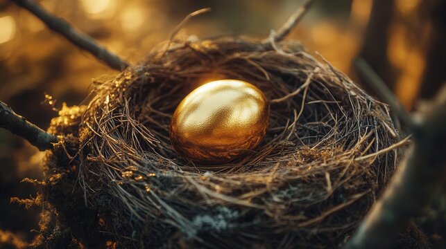 Golden egg rests in a rustic nest surrounded by twigs and soft moss in a serene woodland setting during the golden hour of evening light