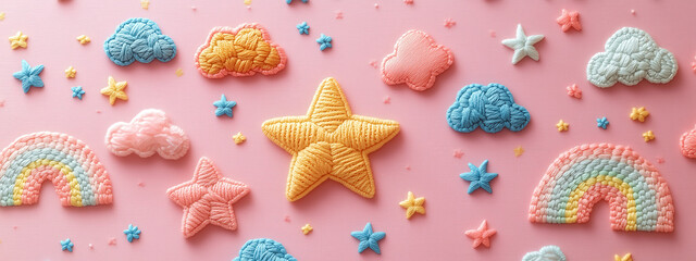 A playful embroidery of childrens motifs, including stars, clouds, and rainbows, stitched on a soft pastel pink background