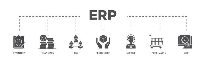ERP infographic icon flow process which consists of inventory, financials, hrm, production, service, purchasing, and mrp icon live stroke and easy to edit .