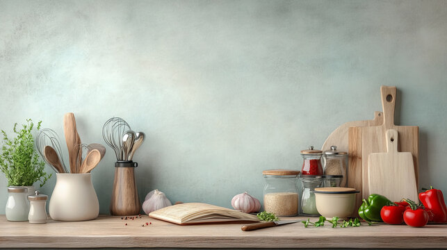 creative kitchen scene featuring fresh ingredients, utensils, and cookbooks, evoking sense of culinary inspiration and warmth