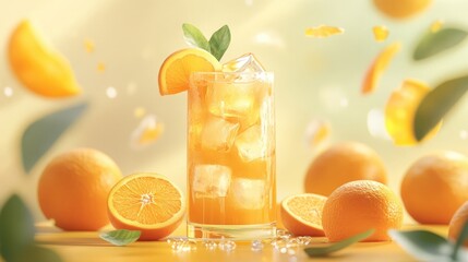 A glass of bright orange drink with ice, mint leaves, and fresh orange slices, surrounded by citrus fruits, with a warm, sunny background highlighting its refreshing nature.