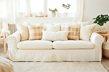 Fototapeta premium Cream Colored Sofa with Decorative Pillows