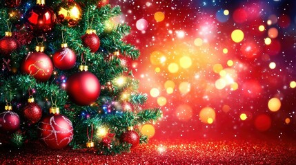 Vibrant Christmas tree adorned with sparkling ornaments and bright lights, creating a festive holiday atmosphere.