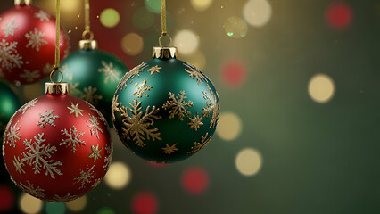 A collection of colorful Christmas baubles in gold, green, and red, arranged in a festive design with snowflakes gently falling in the background.