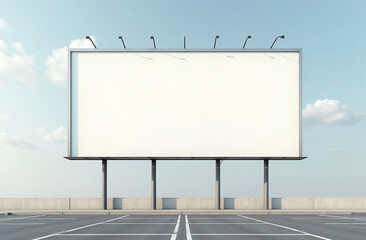 Obraz premium Commercial, advertising, A blank white billboard framed by minimalist metal supports, standing in an empty parking lot, advertisement, poster, frame, banner, copy space
