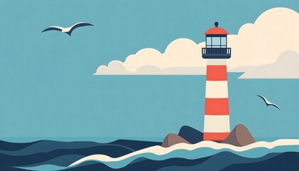 Simplistic illustration of a red and white lighthouse under a blue sky