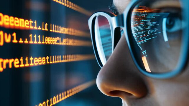 woman working computer code, developing software in office digital interfaces with data overlaying her face banner