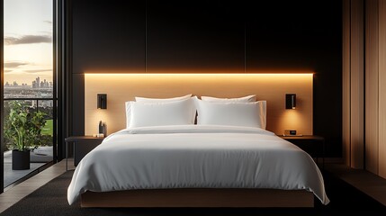 Modern bedroom with sleek design and lighting.