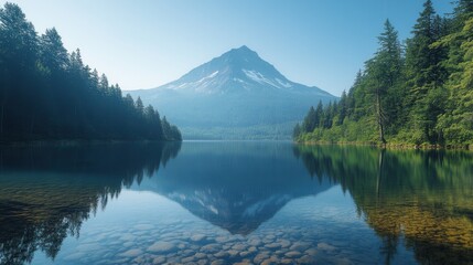Obraz premium Majestic mountain reflection on a calm lake surrounded by evergreen trees and clear blue skies during morning light