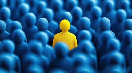 Obraz premium A single yellow figure stands out among a crowd of blue figures, symbolizing individuality and uniqueness in society.