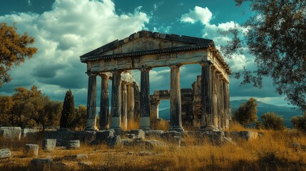 Fototapeta premium Ancient ruins of the Zeus Temple in Aizanoi showcasing stunning architecture amidst a scenic landscape under dramatic skies.