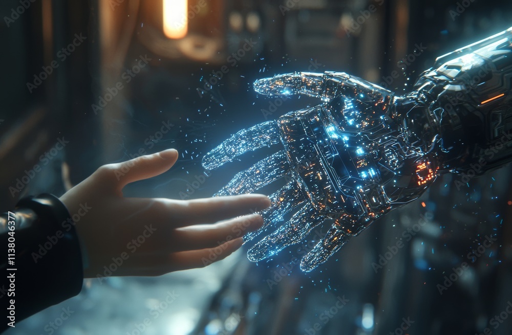 Poster the notion of ai support in stock handling and the mechanization of production processes, symbolized