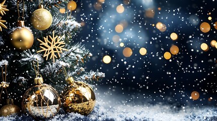 Christmas Tree With Snowflakes And Baubles On Dark Blue Background