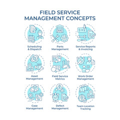 Field service management soft blue concept icons. Optimization in FSM operations. Managing workforce, equipment, assets. Icon pack. Vector images. Round shape illustrations. Abstract idea