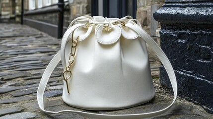 A fashionable white bucket bag with a unique drawstring design is resting on a cobblestone pathway, showcasing modern elegance and simplicity.
